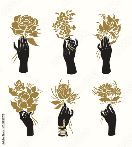 Hand signs with flower aesthetic logo illustrations