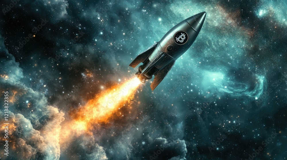 Rocket Launching into Space with Cosmic Background and Flames Rocket Launching into Space with Cosmic Background and Flames