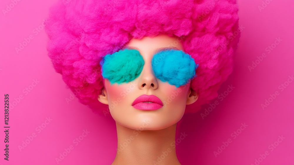 Vibrant Beauty: A woman with bold pink hair and blue eye coverings, making a vibrant and eye-catching aesthetic statement. Vibrant Beauty: A woman with bold pink hair and blue eye coverings, making a vibrant and eye-catching aesthetic statement.