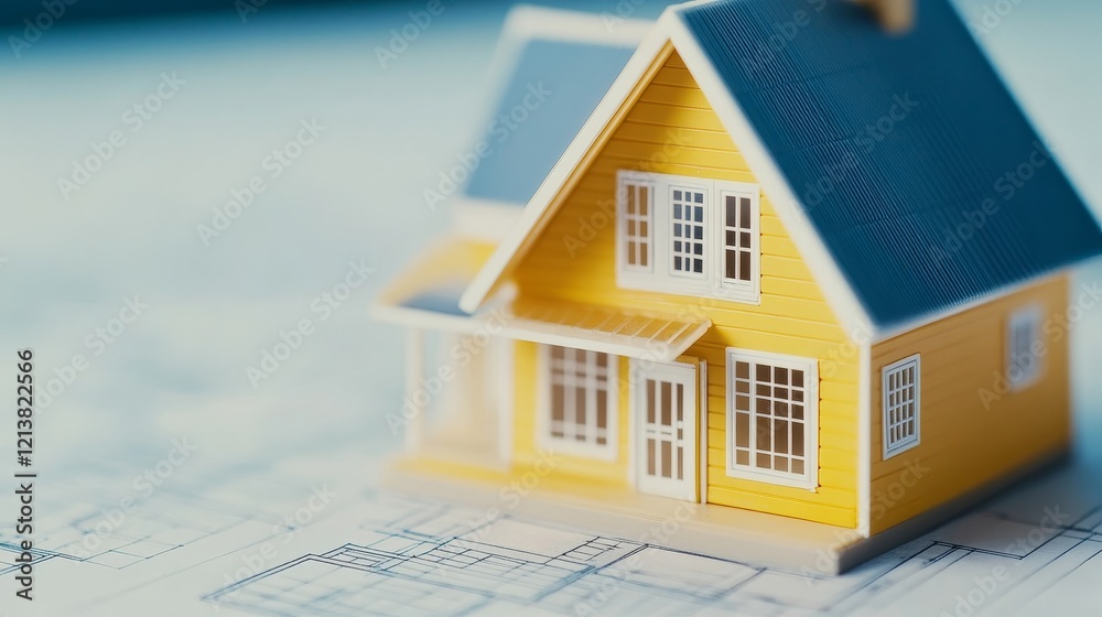 Miniature yellow house model on architectural blueprints, symbolizing home construction and design Miniature yellow house model on architectural blueprints, symbolizing home construction and design