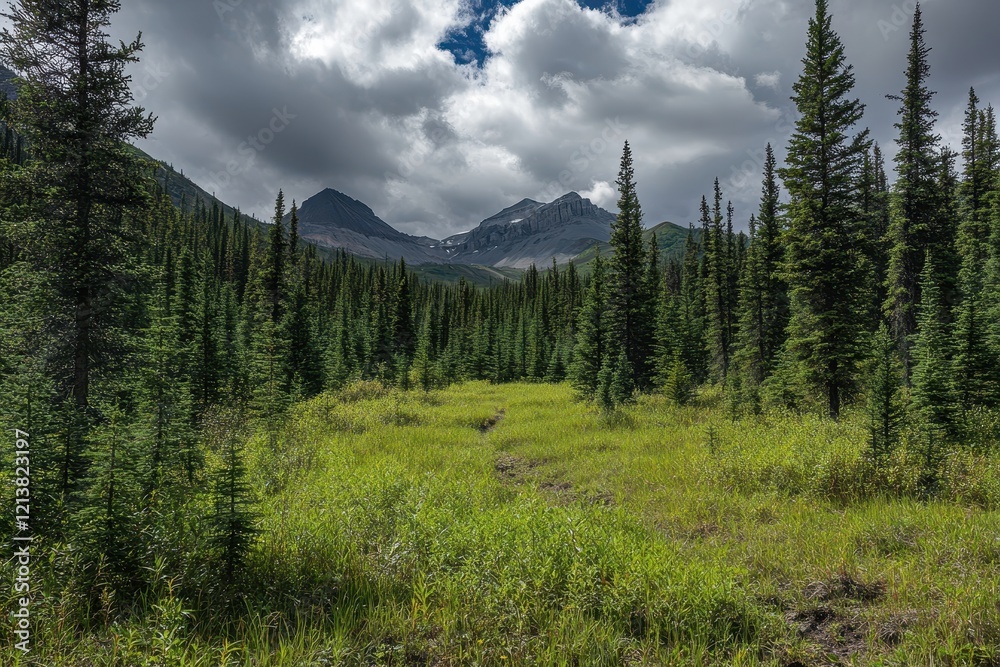 Mountain meadow path, forest, clouds, hiking, nature Mountain meadow path, forest, clouds, hiking, nature