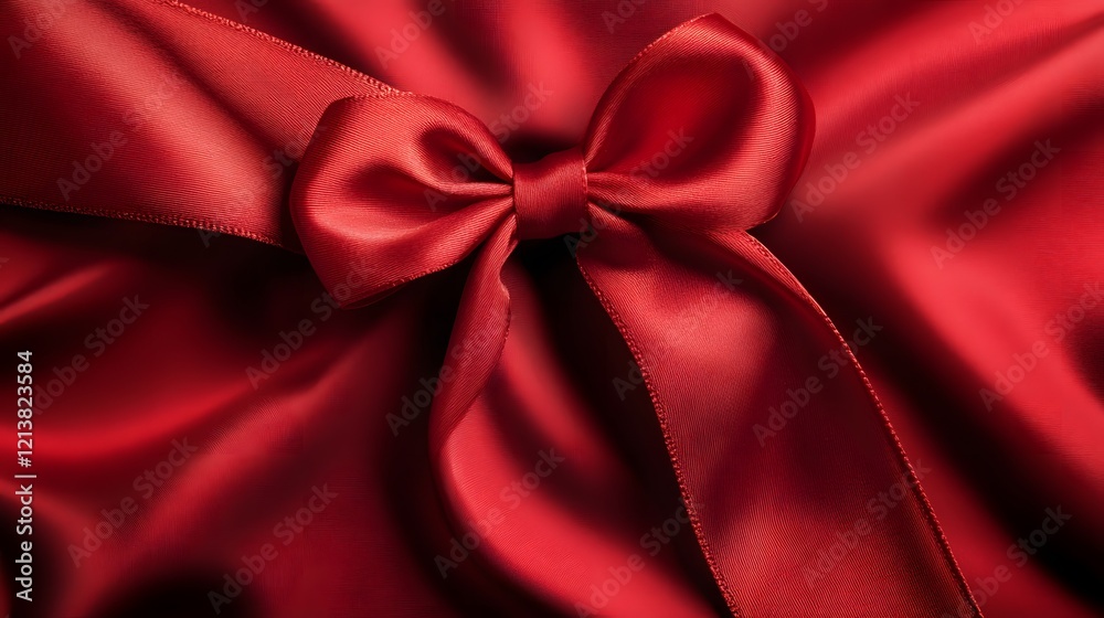 Red Satin Ribbon Bow Draped on Fabric