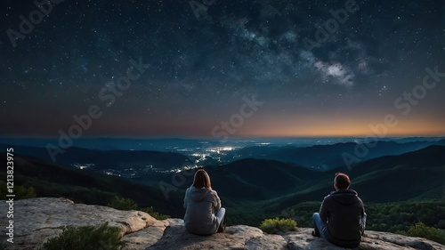see the natural scenery from the top of the mountain with a beautiful full moon view