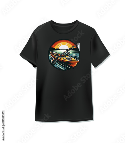 Black T-shirt with colorful design that convey summer vibes.