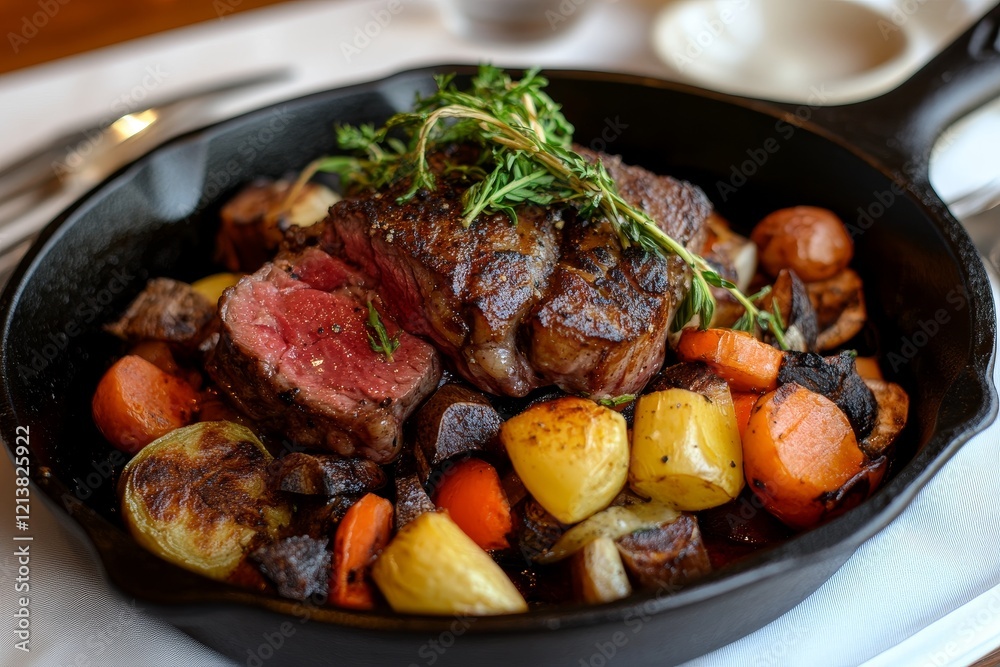 Seared steak with roasted vegetables in cast iron skillet. Seared steak with roasted vegetables in cast iron skillet.
