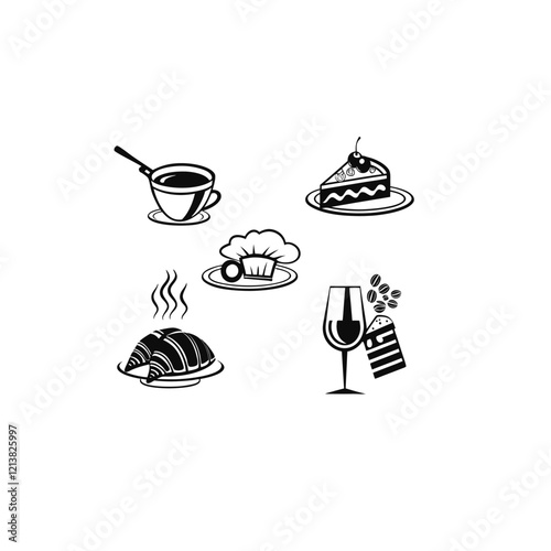 Classic Culinary Icons | Chef Serving Food with Pizza, Pasta, and Fine Dining Illustration