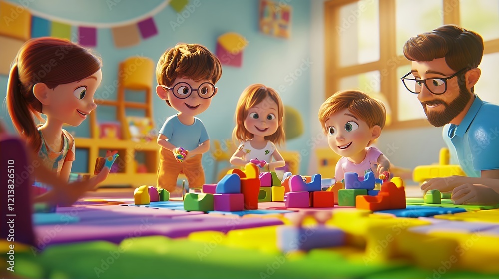 Fototapeta premium Happy Kids Playing Colorful Blocks in Preschool Classroom