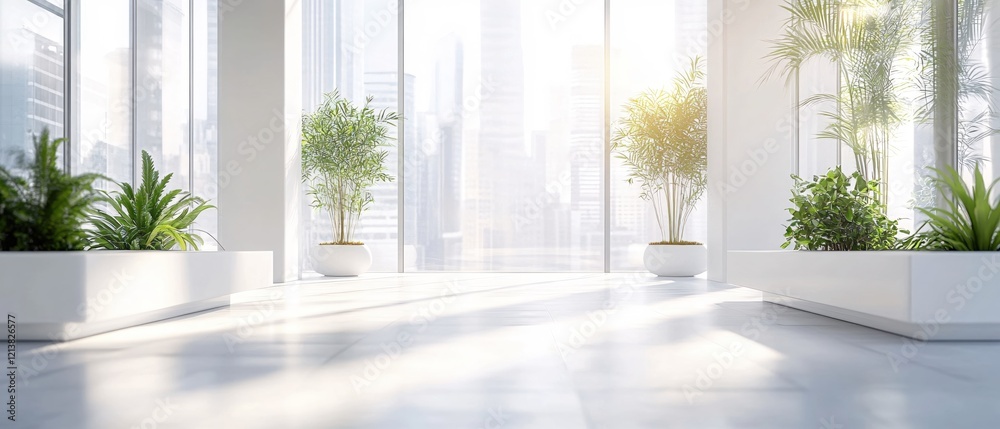 Fototapeta premium Bright interior with plants and large windows overlooking city buildings in the distance
