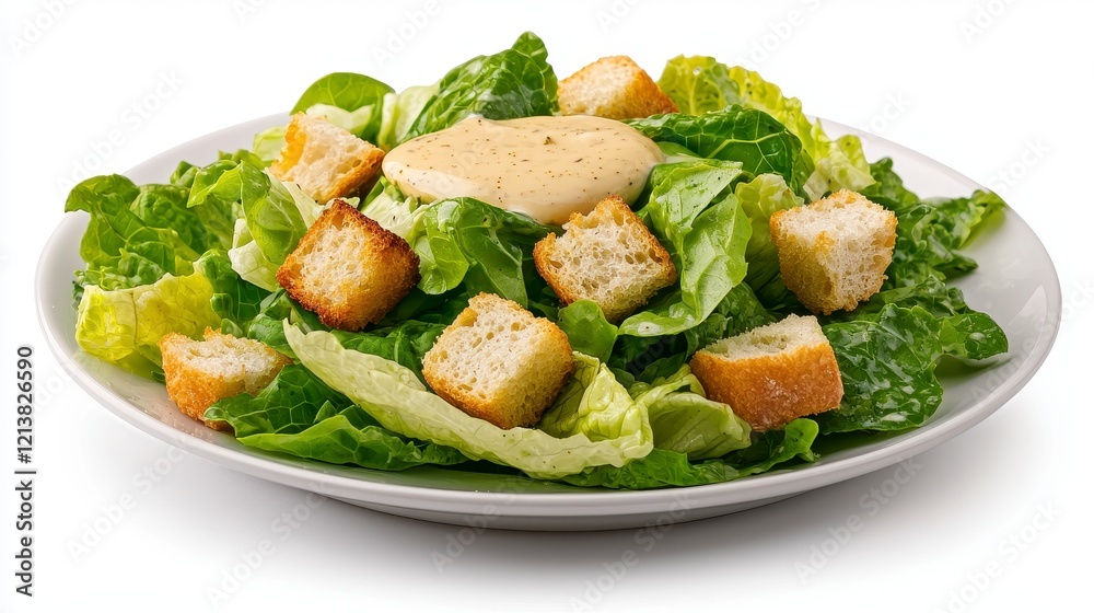 Fresh Caesar Salad with Crispy Croutons and Creamy Dressing on White Plate Fresh Caesar Salad with Crispy Croutons and Creamy Dressing on White Plate