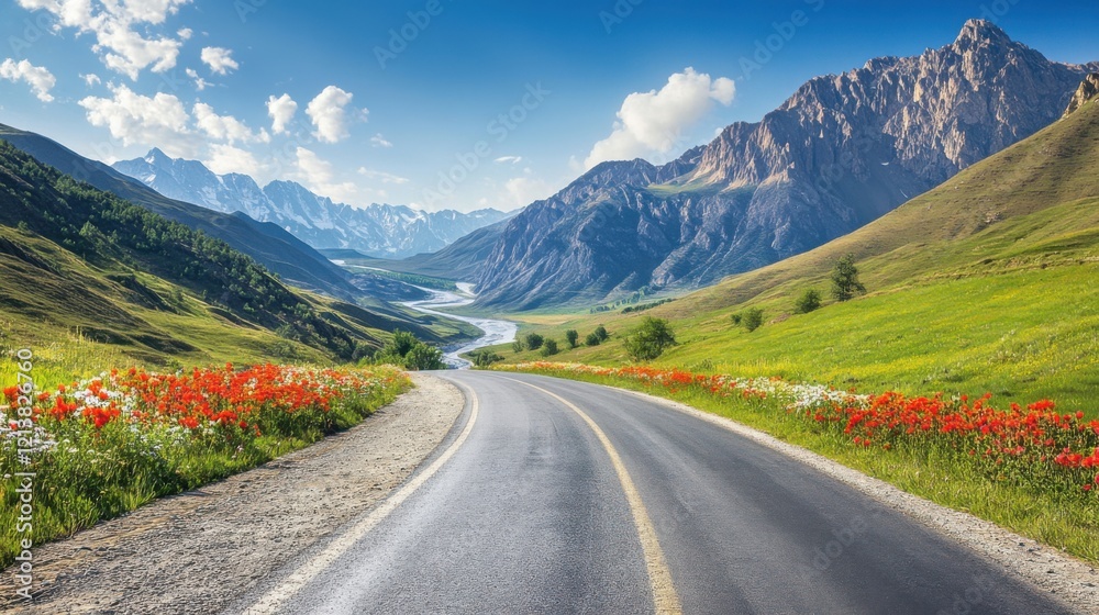 Fototapeta premium Scenic road winding through a valley with a majestic mountain range in the background under a clear blue sky