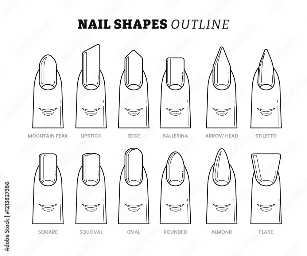 Set of different types of nail shapes outline collection with line art style, manicure and pedicure guide, Various Most popular nail shapes, Beauty spa salon woman fingernails set.
