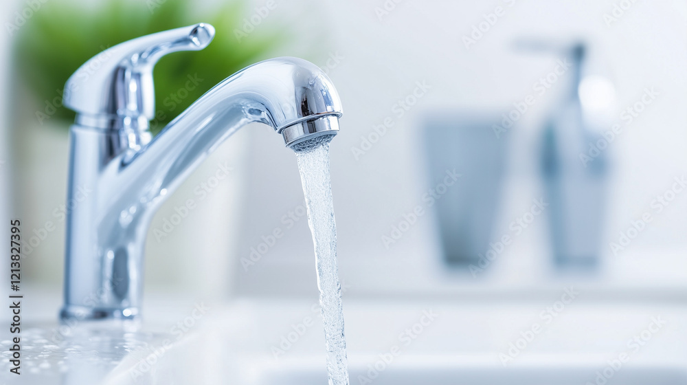 Water Flowing from Faucet: A close-up shot of a chrome faucet with water flowing steadily into a sink. The smooth, metallic surface reflects the soft light. Water Flowing from Faucet: A close-up shot of a chrome faucet with water flowing steadily into a sink. The smooth, metallic surface reflects the soft light.