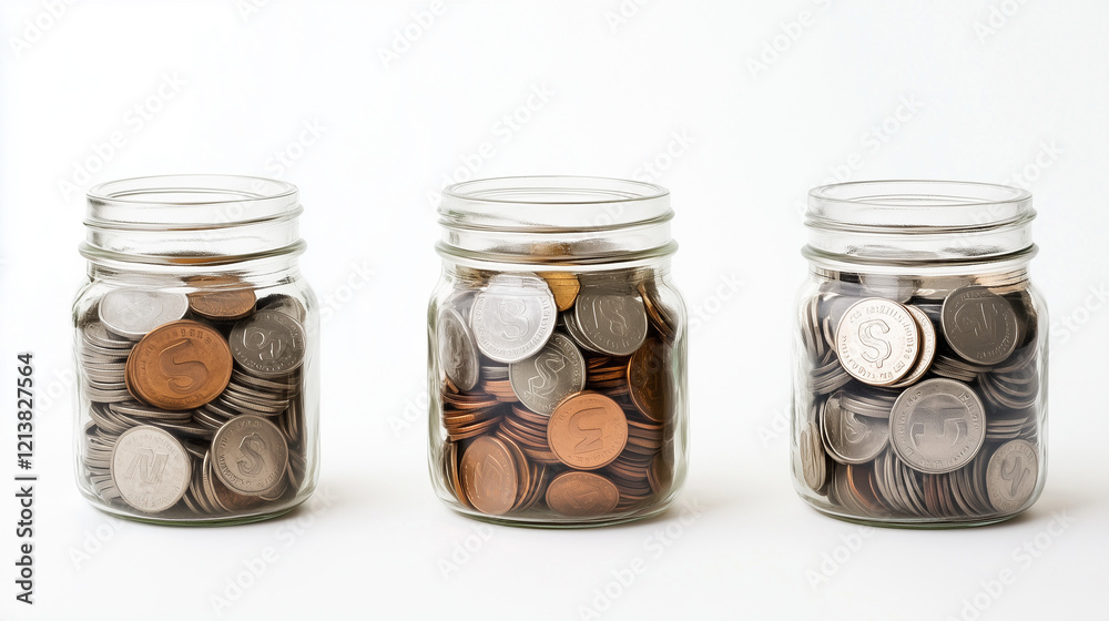 Saving Goals: Three glass jars filled with varying amounts of coins, representing different stages of saving or financial goals.  A visual metaphor for progress and financial planning. 