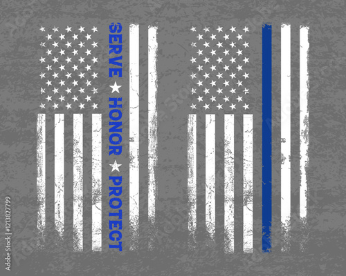 Set of USA grange flag, USA flag silhouette, serve, honor, protect
