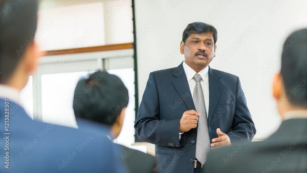 Indian Business Executive Giving a Speech - An Indian business executive delivering a motivational speech at a corporate event or meeting in an office.
Indian Business Executive Giving a Speech - An Indian business executive delivering a motivational speech at a corporate event or meeting in an office.