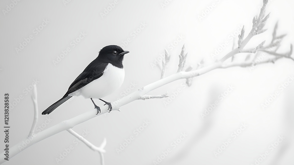 Fototapeta premium A black and white bird is perched on a branch