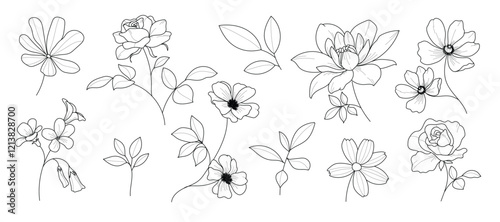 Set of hand drawn botanical flower line art vector. Collection black white contour drawing of foliage, wildflower, poppy, peony, eucalyptus. Illustration design for logo, wedding, invitation, decor.
