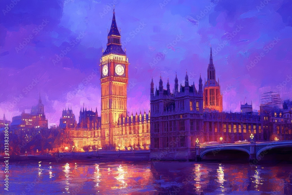 Majestic View of Big Ben and the Houses of Parliament at Dusk, Illuminated with Warm Lights Against a Stunning Purple Sky Reflection on the Thames River Majestic View of Big Ben and the Houses of Parliament at Dusk, Illuminated with Warm Lights Against a Stunning Purple Sky Reflection on the Thames River