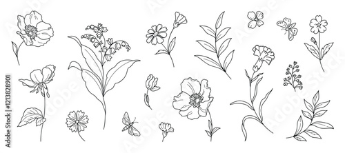 Set of hand drawn botanical flower line art vector. Collection black white contour drawing of foliage, wildflower, eucalyptus, butterfly. Illustration design for logo, wedding, invitation, decor.