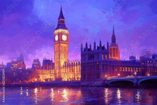 Majestic View of Big Ben and the Houses of Parliament at Dusk, Illuminated with Warm Lights Against a Stunning Purple Sky Reflection on the Thames River
