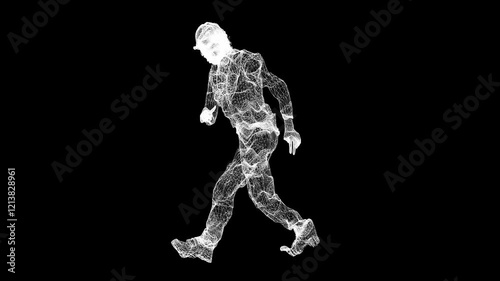 Modern white logo of a walking man harmoniously standing out on a black background.