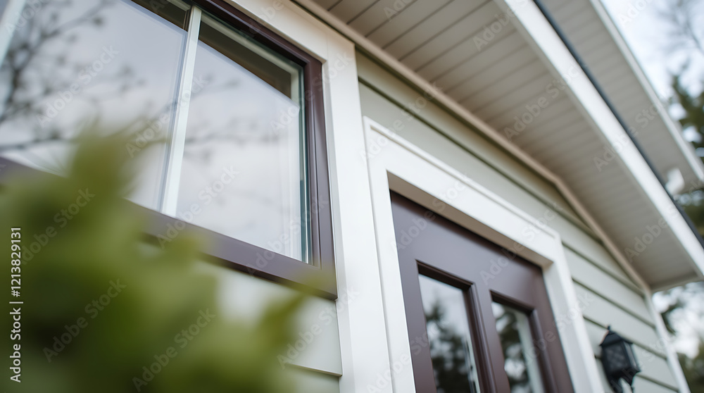 Modern House Exterior: Elegant Window and Door Design. High-quality construction, beautiful architecture, and stylish home design details. Modern House Exterior: Elegant Window and Door Design. High-quality construction, beautiful architecture, and stylish home design details.