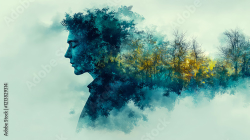 Serene Man and Autumnal Woods: A Double Exposure Artwork