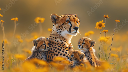 A serene scene of a mother cheetah and her cub resting together in a vibrant field of yellow flowers. Created with Generative AI. photo