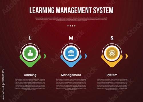 LMS learning management system infographic template with creative circle outline and arrow bottom direction with dark background style with 3 point for slide presentation