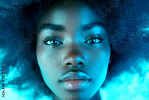 Attractive calm black girl - for ads, flyer and digital marketing use. Long trim - gorgeous bush hair. Commercial promotion concept artwork. Long hair advertising shoot. Stunning black fashion.