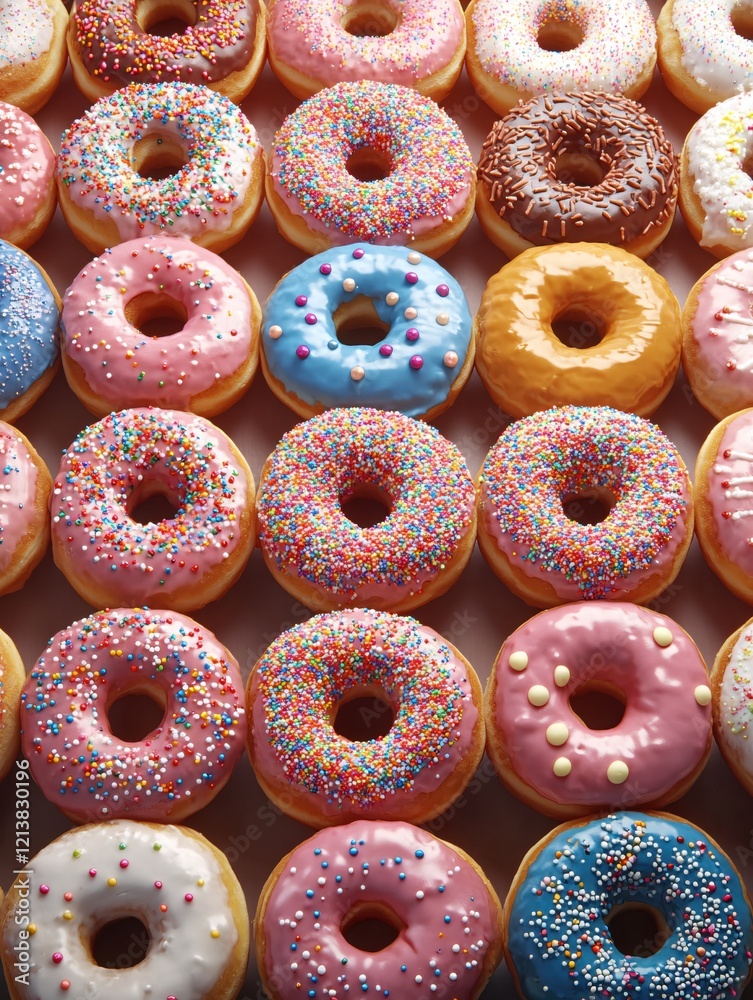 Rows of delicious donuts with colorful frosting and sprinkles arranged in a neat pattern Rows of delicious donuts with colorful frosting and sprinkles arranged in a neat pattern