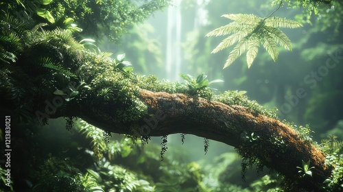 A lush rainforest background. a thick tree branch extends horizontally, partially covered in moss and small creeping plants. The branch is surrounded by dense greenery, including towering trees.