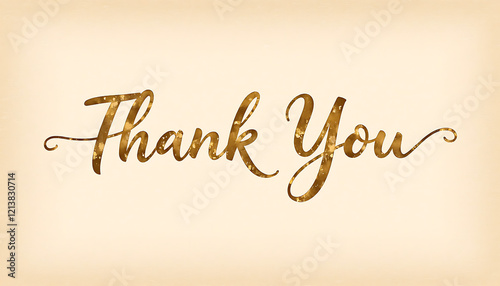 Handwritten Thank You text, Textured Gold Thank You Script on Beige Background with Copy Space