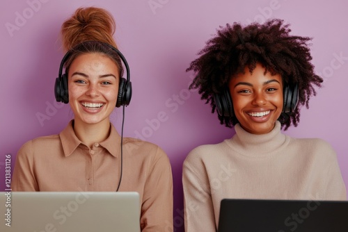 Two happy female colleagues working with laptops and headphones smiling on purple background photo