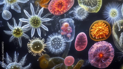 Microscopic Ocean Life Colorful Plankton Images photo