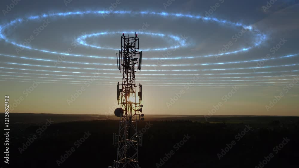 Animated rendering of radio waves transmitted by a cell phone tower. 5g technology. Aerial view of mobile communication antenna and signal spreading in all directions. High quality 4k footage
