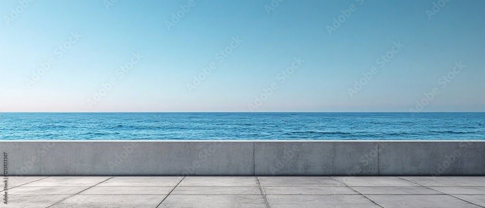 Fototapeta premium Ocean view from concrete terrace under a clear blue sky with a calm sea horizon