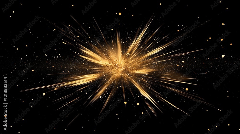 Obraz premium Metallic golden beams radiating outward on a black backdrop, surrounded by golden dust, exuding luxury and sophistication.