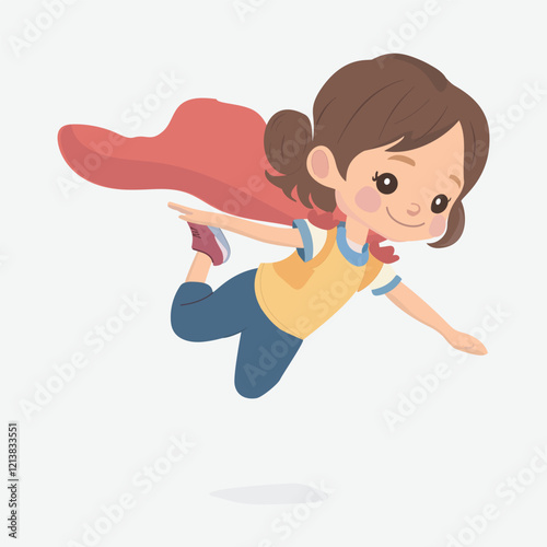 Superhero Girl Flying with Cape. A brave and cheerful girl dressed as a superhero, flying with her cape flowing behind her, depicted in a vibrant vector illustration