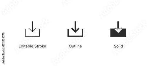 download icon symbol, save file icon, import file icon in editable stroke, outline, and solid styles