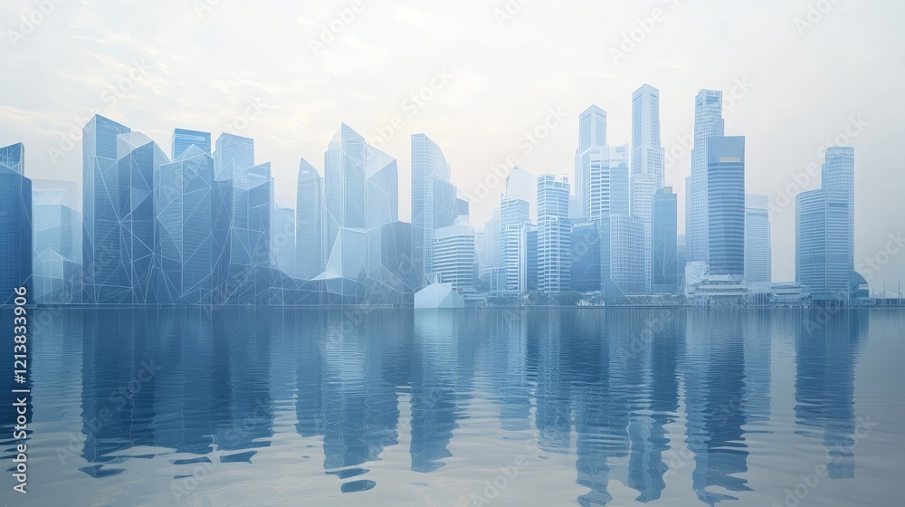 Fototapeta premium Creative polygonal mesh design of a waterfront city skyline suitable for wallpaper Concept of smart cities and web network connectivity