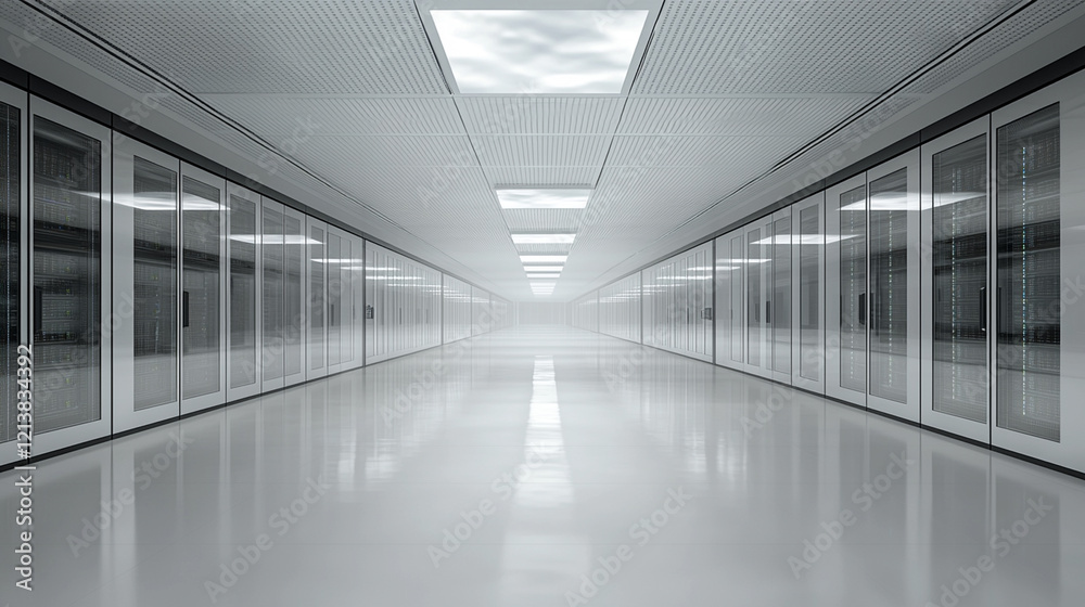 Long corridor with server racks in a modern data center.