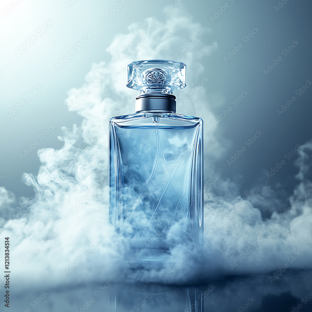 beautiful perfume bottle surrounded by vapor, creating ethereal atmosphere. elegant design and soft blue tones evoke sense of luxury and tranquility beautiful perfume bottle surrounded by vapor, creating ethereal atmosphere. elegant design and soft blue tones evoke sense of luxury and tranquility