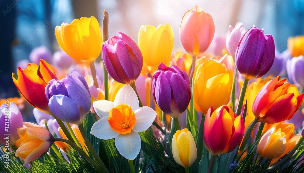 Vibrant Spring Tulips and Daffodil Bouquet in Sunlight Vibrant Spring Tulips and Daffodil Bouquet in Sunlight