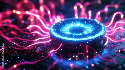 Glowing energy core with bright neon beams in a techy environment