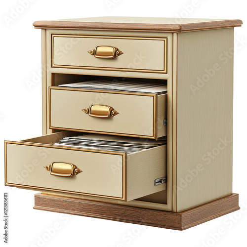 Wooden drawer cabinet with open and closed drawers on transparent background clipart