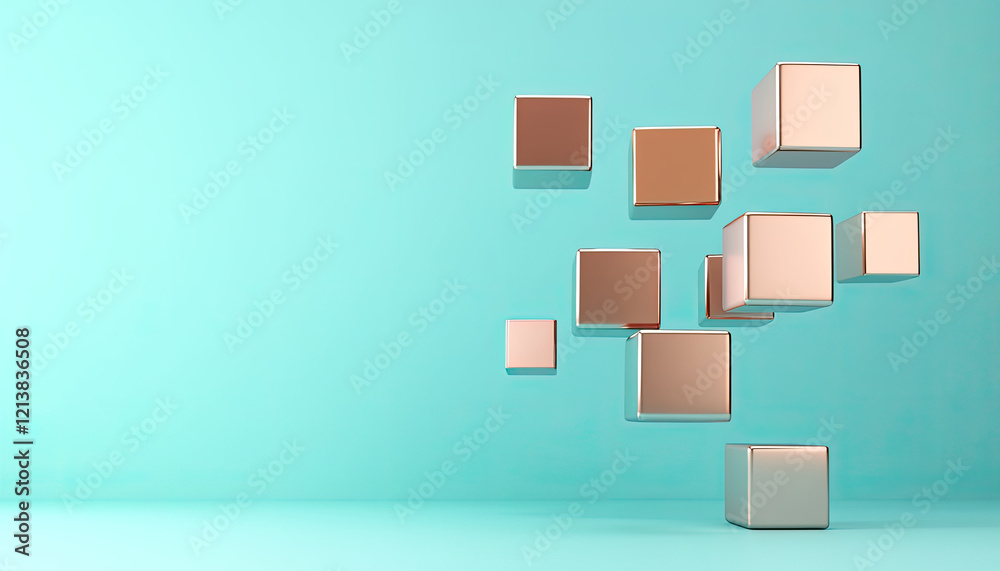 A modern abstract design featuring floating metallic cubes against a calm turquoise background, creating a sense of depth and dimension. A modern abstract design featuring floating metallic cubes against a calm turquoise background, creating a sense of depth and dimension.