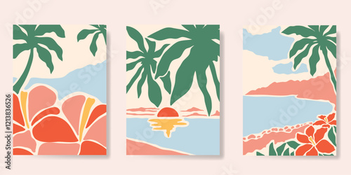 Abstract summer background poster vector. Minimal hand drawn wallpaper design with coconut tree, sun, sea, hibiscus flower. Ocean painting for summer season, wall decoration, interior, background.