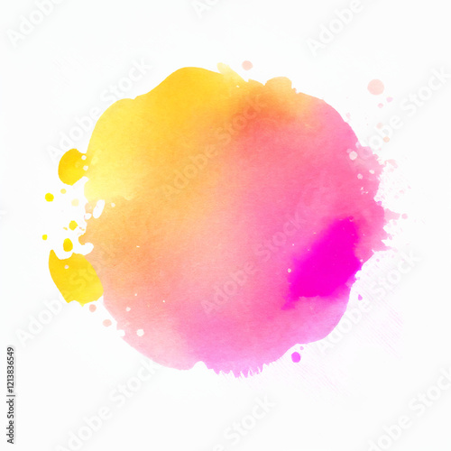 Yellow and pink watercolor wash vector illustration. A vibrant orange gradient watercolor splash on white canvas. Magenta hues bleed outwards, their intensity gradually softening