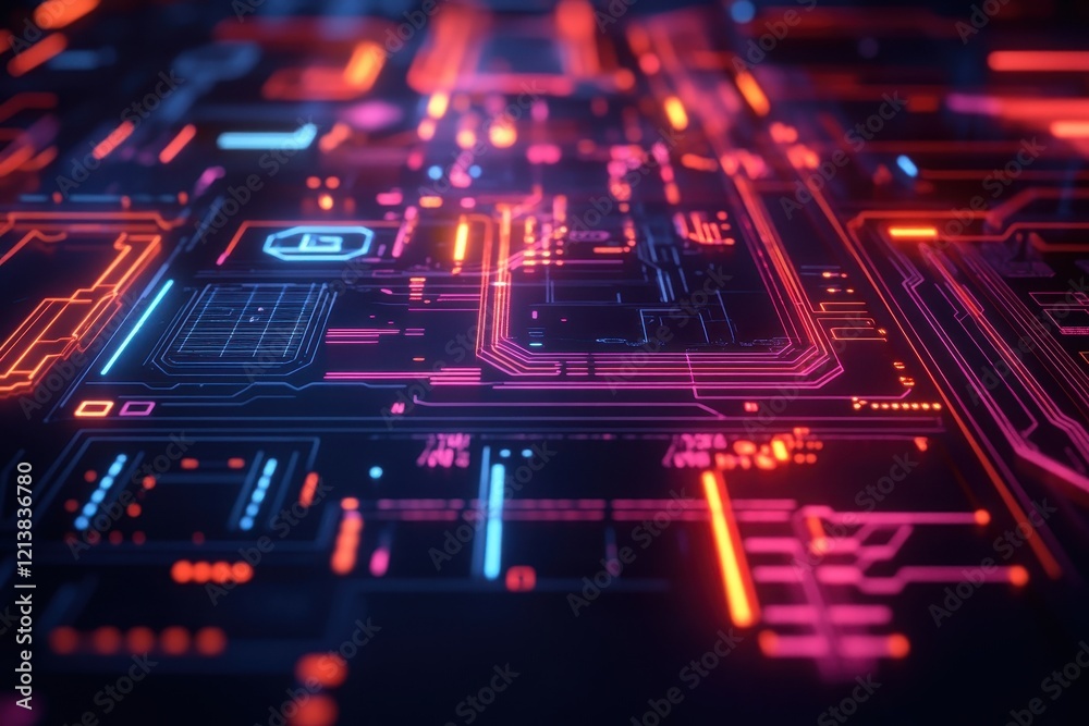 Obraz premium Electric pathways illuminate a darkened digital landscape filled with vibrant circuitry and dynamic colors strikingly vibrant. Generative AI